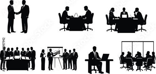Collection of professional business people silhouettes featuring office meetings handshakes and corporate teamwork cad drawing flat vector illustration for business