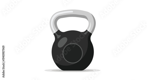 A sleek, minimalist vector illustration of a black kettlebell with a silver handle on a pure white background representing strength training and