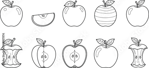 Collection of various apple fruit illustrations featuring whole apples slices and bitten cores cad drawing flat vector illustration for food