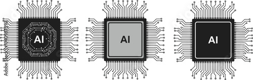 Artificial intelligence cpu processor chip set with circuit board lines and digital brain symbols cad drawing flat vector illustration set