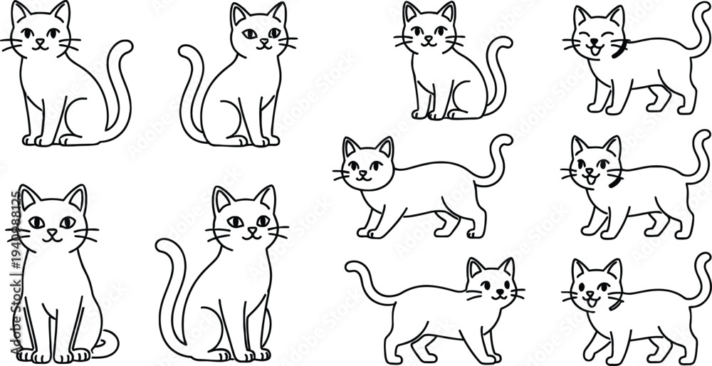 Fototapeta premium A cute cat vector illustration collection featuring a set of funny cats and domestic pets including a baby kitten and a character mouse in a fun animal art icon design