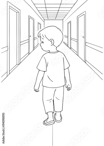 coloring book page boy walking down a hospital hallway with steady steps