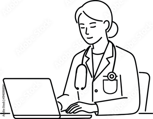 A young female physician in a white coat sits at an office desk in a clinic, working on a laptop computer with a stethoscope while utilizing modern healthcare technology
