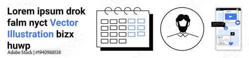Scheduling, communication, user interaction, digital organization, workflow, productivity. A calendar icon, user avatar and smartphone messaging interface. Scheduling and communication concept