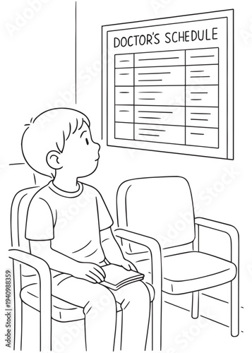 coloring book page boy sitting in a waiting room reading and checking the schedule board