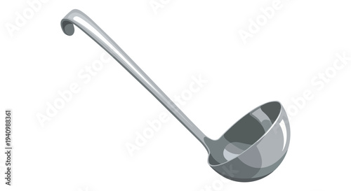 A Sleek, Modern Silver Ladle with a Curved Handle, Isolated on a Pure White Background
