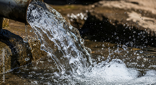 Macro perspective of crystal clear artesian water gushing with dynamic splashing effects during a deep well pump installation showcasing natural groundwater flow and hydraulic pressure