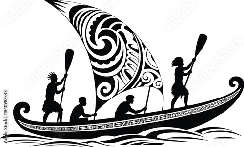 Polynesian canoe sailing silhouette, tribal boat with paddlers, traditional ocean voyage illustration, cultural maritime heritage artwork