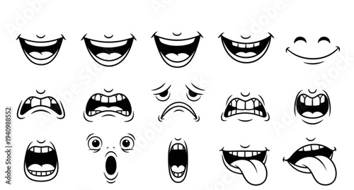 A set of various cartoon mouths and facial expressions in black and white