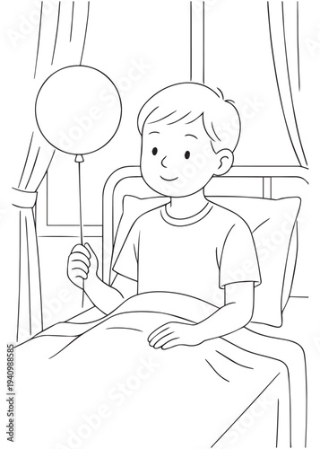 coloring book page boy holding a balloon while resting comfortably in a hospital bed