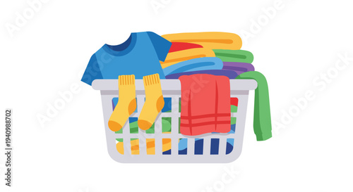 A vibrant laundry basket brimming with neatly folded colorful clothes and bright yellow socks ready for washing and care