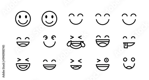 A set of various emoticon faces in a minimalist line art style on a white background