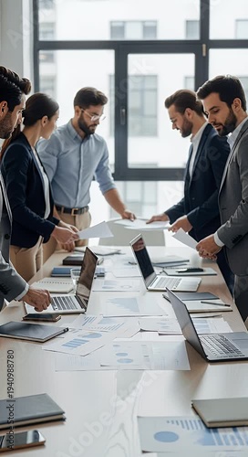 Business team analyzing data documents in modern office meeting