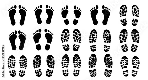 A set of black footprints and shoe prints in various styles and directions on a white background
