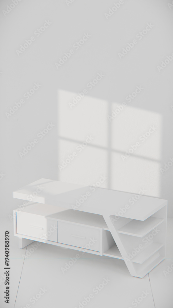 Fototapeta premium 3D render of modern TV console with angular design, drawers, and shelves. Perfect for furniture catalogs, product visualization, interior design projects, and contemporary decor presentations.