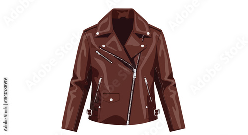 Stylish illustration of a classic brown leather motorcycle jacket with silver hardware and intricate detailing