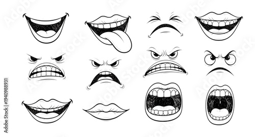 A set of various facial expressions and mouth illustrations in a minimalist line art style