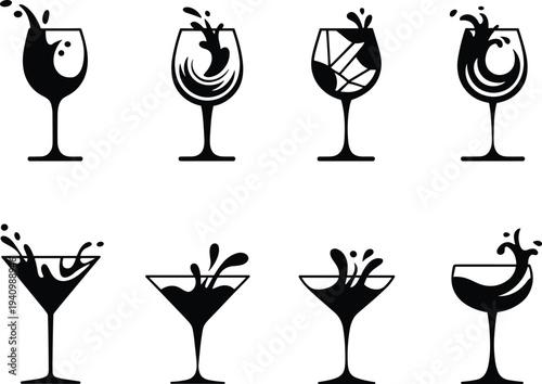 Cocktail glass splash silhouette set, wine and martini drink icons, bar beverage collection, alcohol party illustration, mixology design