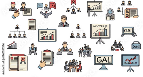 A colorful vector graphic illustration of business and mentorship icons and symbols.