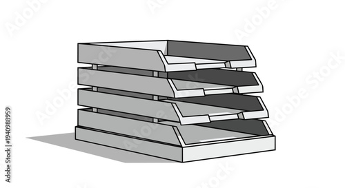 Minimalist digital illustration of a four-tiered desk organizer, showcasing its simple geometric form and functional design for office supplies and