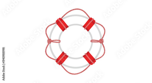 Classic Red and White Nautical Ring Buoy With Rope Detail Isolated on White Background for Safety and Rescue Concepts