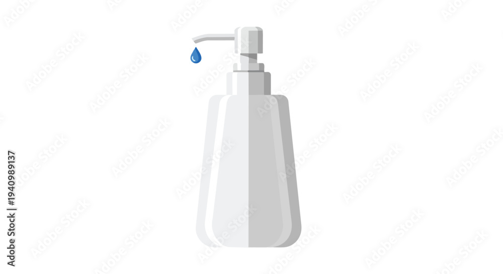 Fototapeta premium Isolated minimalist illustration of a white liquid soap dispenser with a single blue drop falling from the pump nozzle
