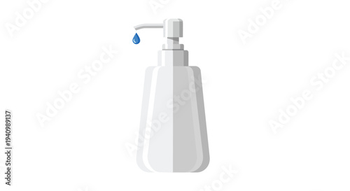 Isolated minimalist illustration of a white liquid soap dispenser with a single blue drop falling from the pump nozzle