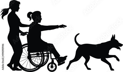 Caregiver pushing girl in wheelchair with dog silhouette, disability support, inclusive friendship, assistance concept, rehabilitation and companion animal