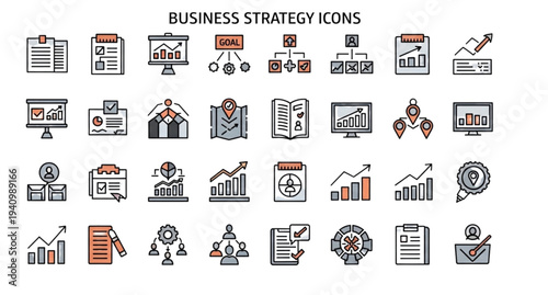 A collection of business strategy icons in a flat, minimal design style, featuring various symbols for planning, goal setting, and analysis.