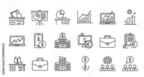A collection of business and finance icons in a flat, minimalist design style