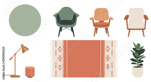 mid-century modern furniture and home decor collection featuring minimalist chairs rug and plant for interior design.