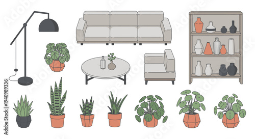 minimalist home interior design sofa armchair coffee table floor lamp houseplants and vases.