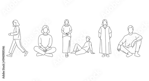 minimalist line art of diverse people walking sitting standing and reclining illustrating various human poses and body language for design.