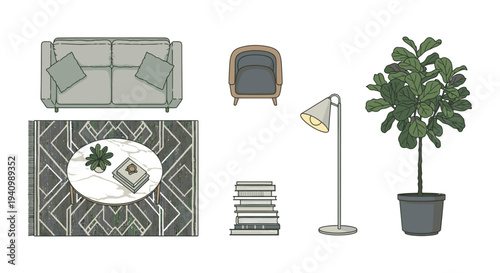 modern minimalist living room furniture set for interior design layout featuring sofa armchair coffee table lamp and fiddle leaf fig plant