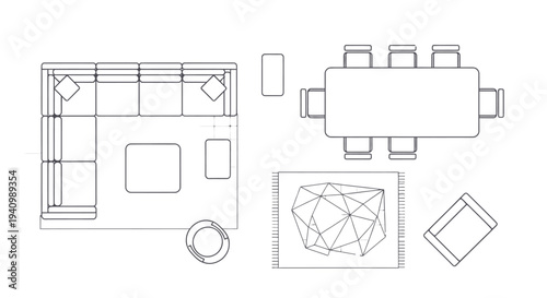 overhead view of a modern apartment floor plan blueprint detailing living and dining room furniture layout design.