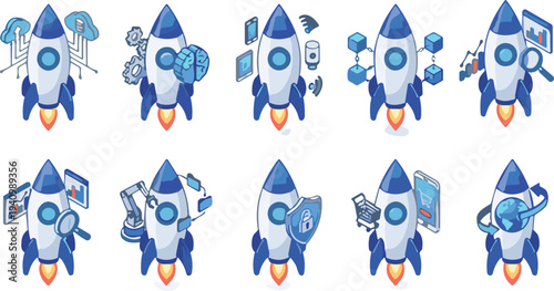 Rocket technology illustration set, business innovation icons, cloud AI mobile blockchain analytics robotics cybersecurity ecommerce global connectivity, startup growth vector