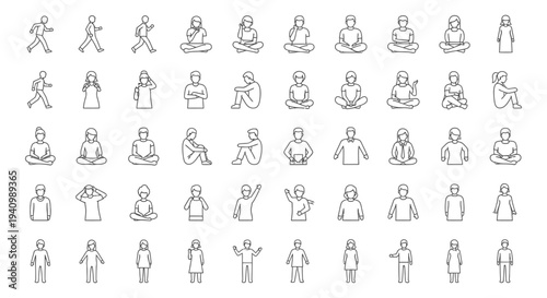 people line icons illustrating diverse human actions poses and emotions from walking to meditating ideal for ui and infographic design.