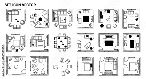 set of architectural floor plan icons illustrating various home interior layouts and modern furniture arrangements for top view design.