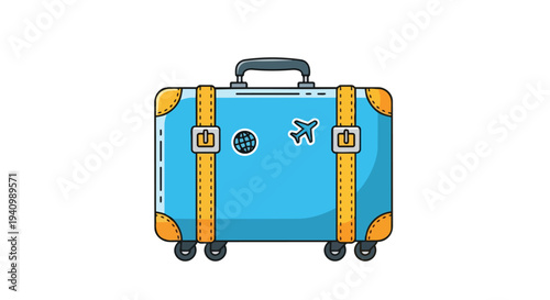 Vibrant blue wheeled suitcase adorned with travel emblems, ready for adventures and journeys abroad across the globe