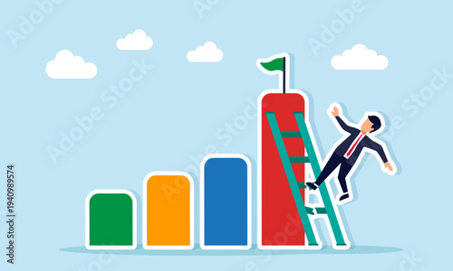 Businessman trying to climb chart with ladder but falling because the ladder is broken illustration of failure to improve business performance