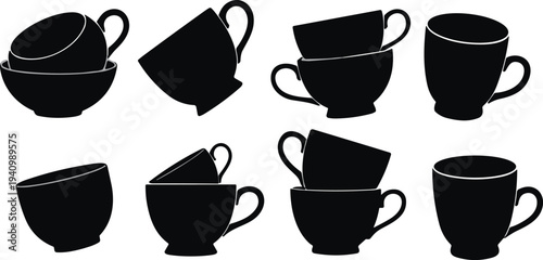 Teacup silhouettes, bowl icons, kitchenware vector, drink clipart, dining design, household motif, creative illustration, utensil graphic, food symbol, concept art