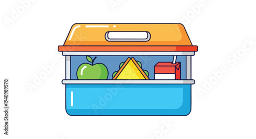 Whimsical cartoon illustration of a vibrant lunchbox filled with healthy snacks and a refreshing drink, perfect for back-to-school or a day out