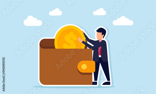 Businessman taking dollar coin from wallet illustration of taking profit from investment returns in financial management concept