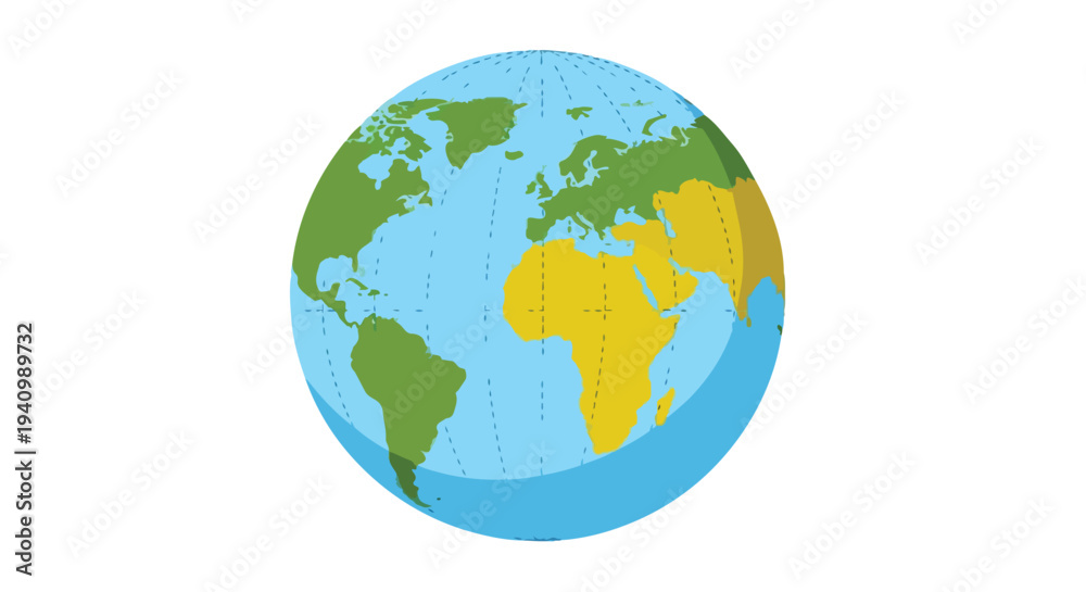 Fototapeta premium Vibrant illustrative depiction of planet earth with continents colored green and yellow against a blue oceanic backdrop