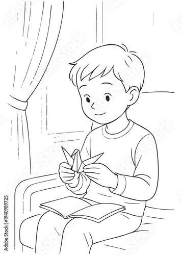 coloring book page boy folding paper and making origami while seated in the ward