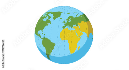 Vibrant illustrative depiction of planet earth with continents colored green and yellow against a blue oceanic backdrop