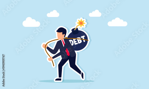 Businessman carrying bomb labeled debt with rope illustration of burden from company business debt and financial crisis risk concept