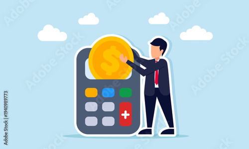 Businessman taking dollar coin from calculator illustration of taking profit from business financial calculation and investment return concept
