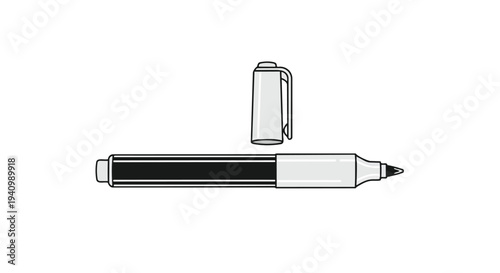 Graphic illustration of a marker pen with its cap detached and positioned above the body