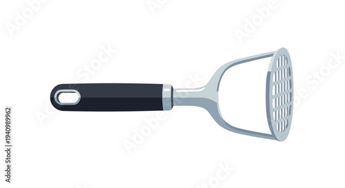 A simple, graphic illustration of a modern potato masher with a black ergonomic handle and a silver perforated pressing plate on a white background